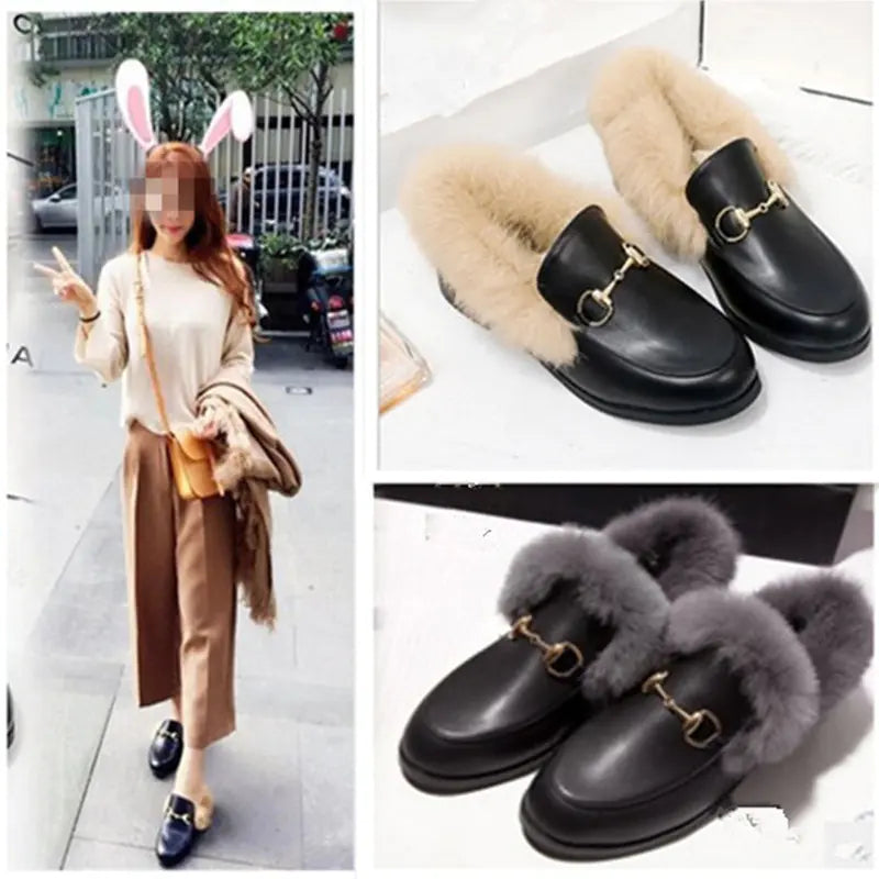 Women's Autumn Winter Plush Leather Flat Shoes