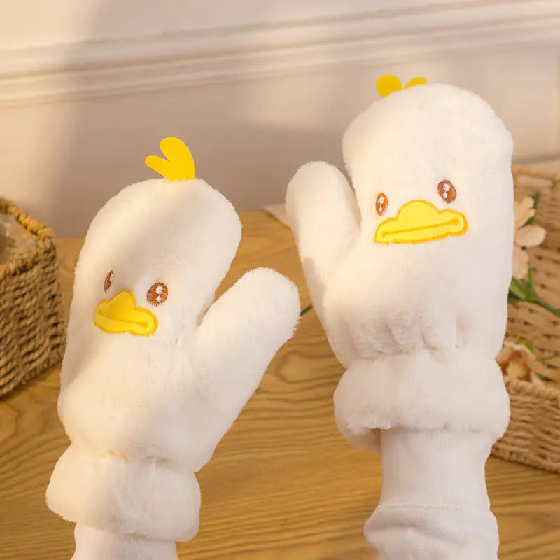 Cute Cartoon Winter Gloves for Women - Thick Plush Duck