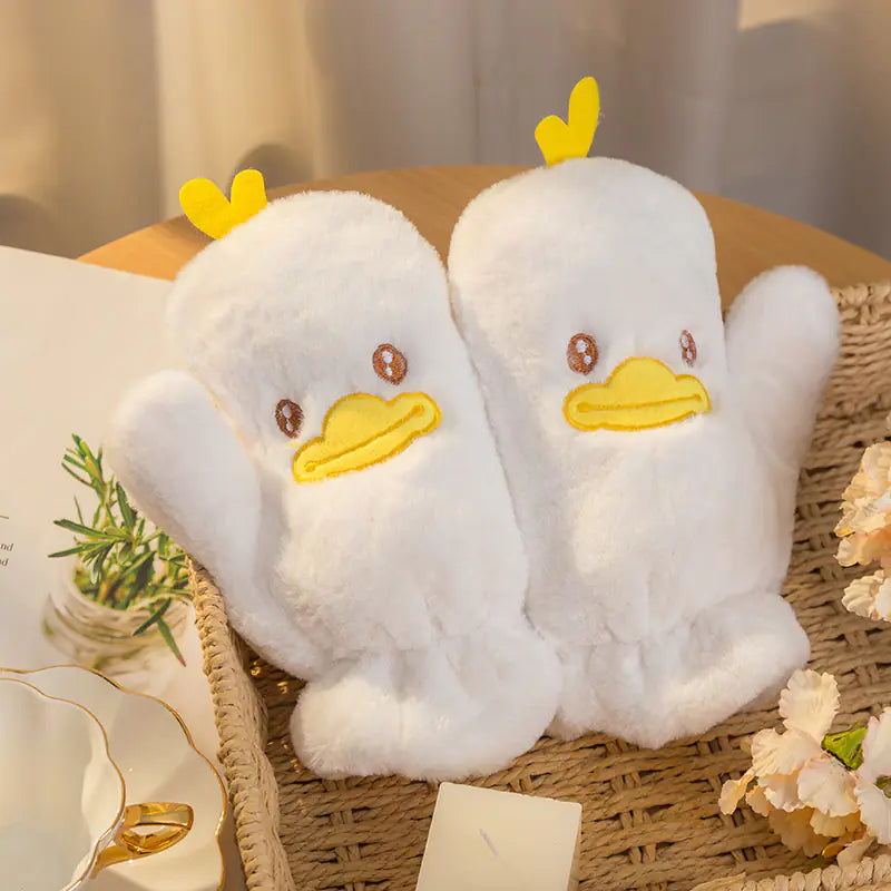 Cute Cartoon Winter Gloves for Women - Thick Plush Duck