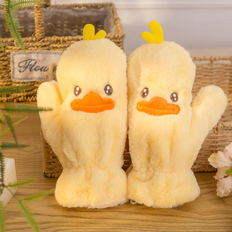 Cute Cartoon Winter Gloves for Women - Thick Plush Duck