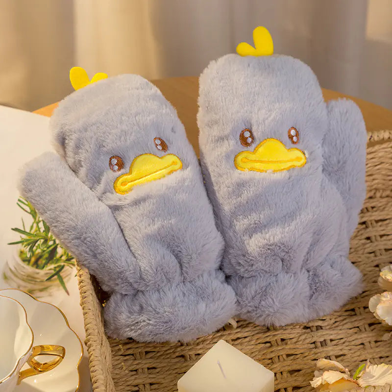 Cute Cartoon Winter Gloves for Women - Thick Plush Duck