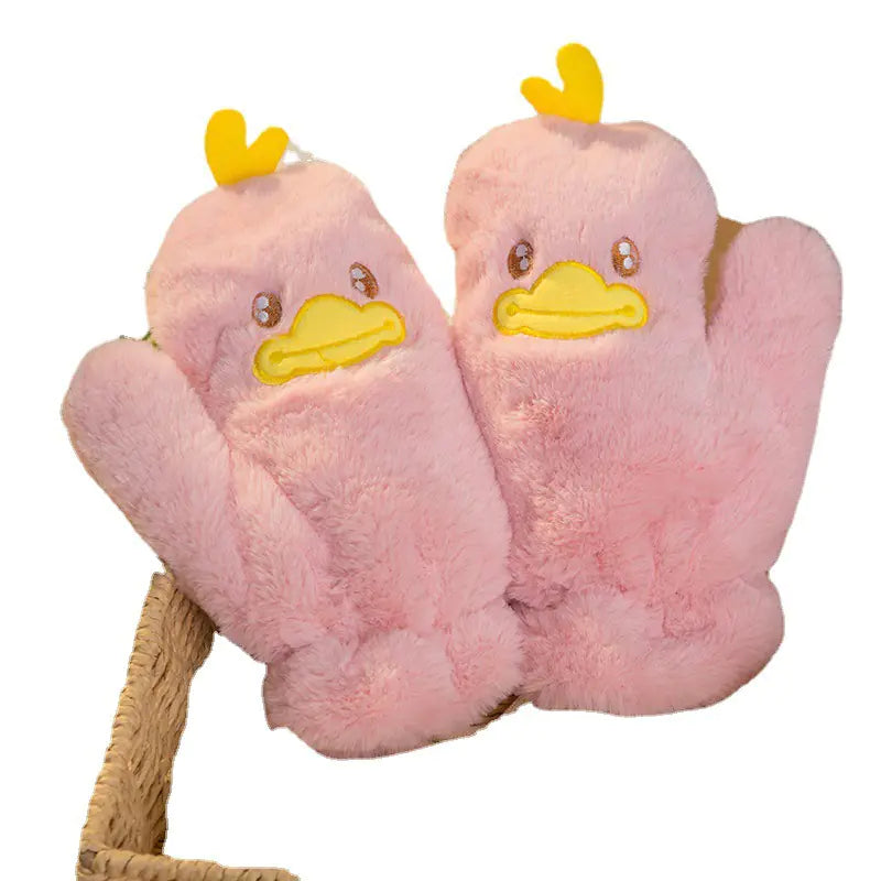 Cute Cartoon Winter Gloves for Women - Thick Plush Duck