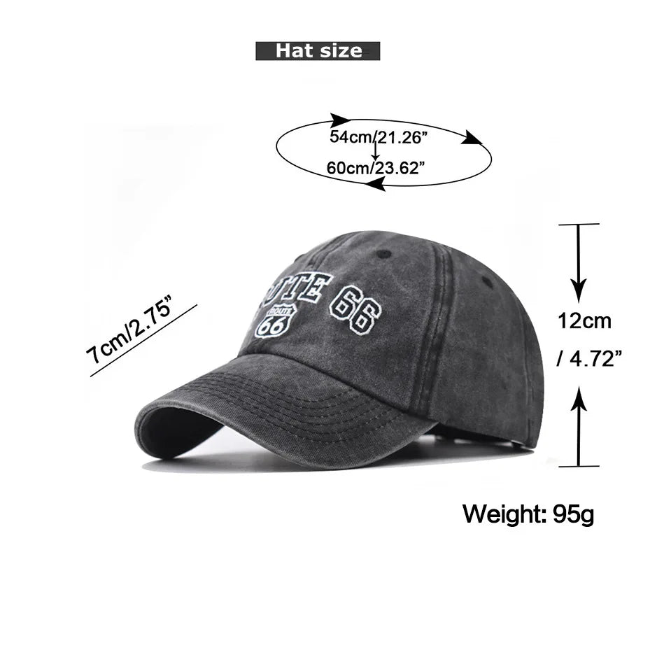 Baseball Cap Washed Cotton Letter ROUTE 66 Embroidery