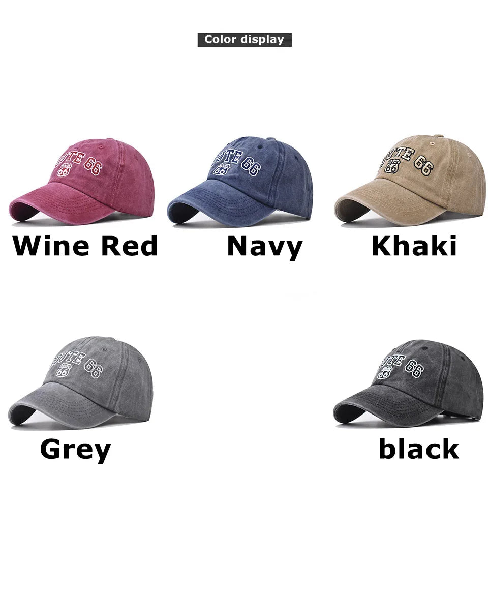 Baseball Cap Washed Cotton Letter ROUTE 66 Embroidery