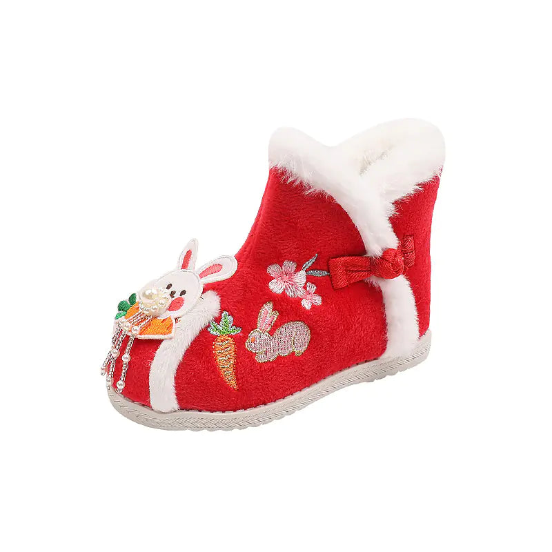 Winter Girls' Embroidered Plush Hanfu Shoes for Kids