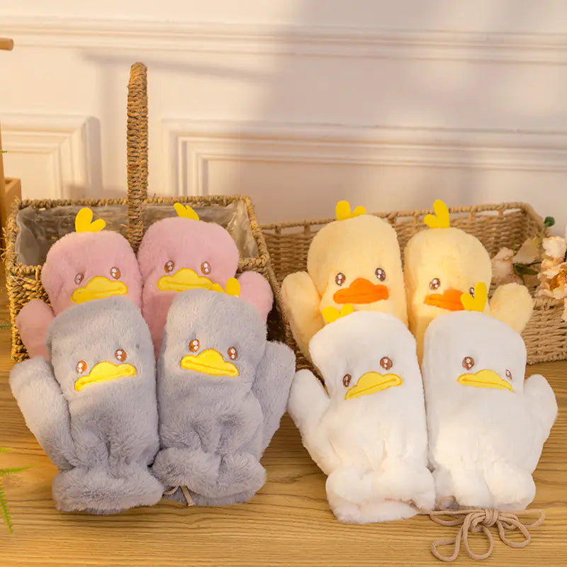 Cute Cartoon Winter Gloves for Women - Thick Plush Duck