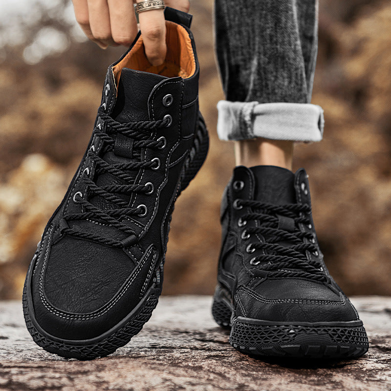 High Top Leather Shoes - Winter Plush Insulation