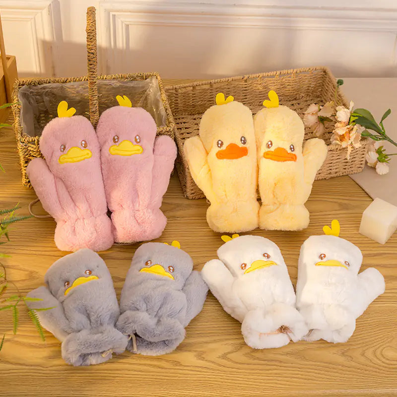 Cute Cartoon Winter Gloves for Women - Thick Plush Duck