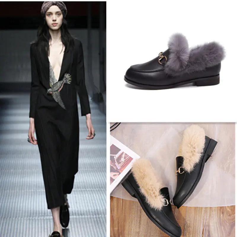 Women's Autumn Winter Plush Leather Flat Shoes