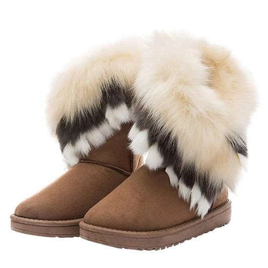 Naughtyangel Women Winter Warm Snow Ankle Boots Low Heels Faux Fox Rabbit Fur Tassel Shoes(Yellow/White fur7.5)