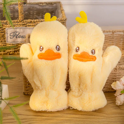Cute Cartoon Winter Gloves for Women - Thick Plush Duck