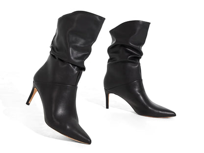 Coutgo Womens Slouchy Mid Calf Boots Stiletto High Heel Leather Booties Pointed Toe Pull on Fall Winter Shoes Black Size 5.5