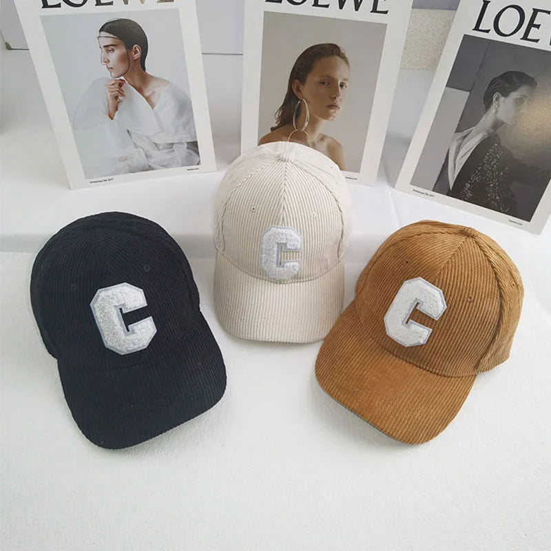 Corduroy Letter C Autumn Winter Baseball Cap