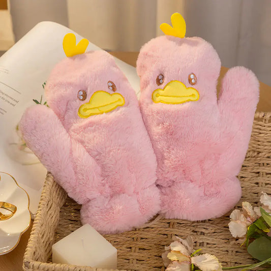 Cute Cartoon Winter Gloves for Women - Thick Plush Duck