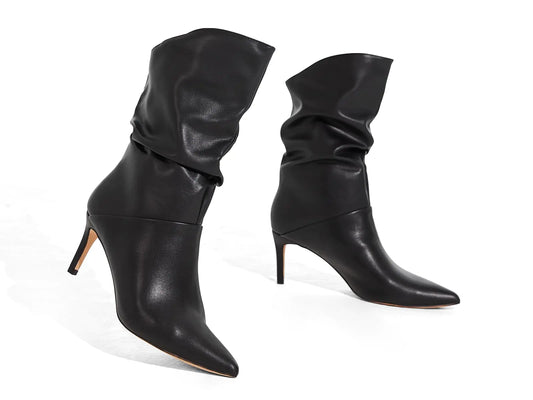 Coutgo Womens Slouchy Mid Calf Boots Stiletto High Heel Leather Booties Pointed Toe Pull on Fall Winter Shoes Black Size 5.5