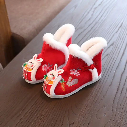 Winter Girls' Embroidered Plush Hanfu Shoes for Kids