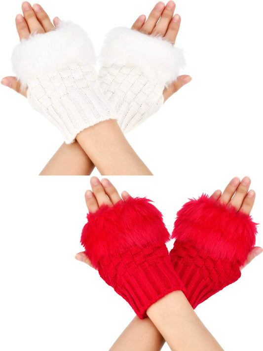 Boao 2 Pairs Fingerless Winter Gloves Short Touchscreen Gloves Thumb Hole Mittens Knitted Warm Gloves with Faux Fur (White and Red)